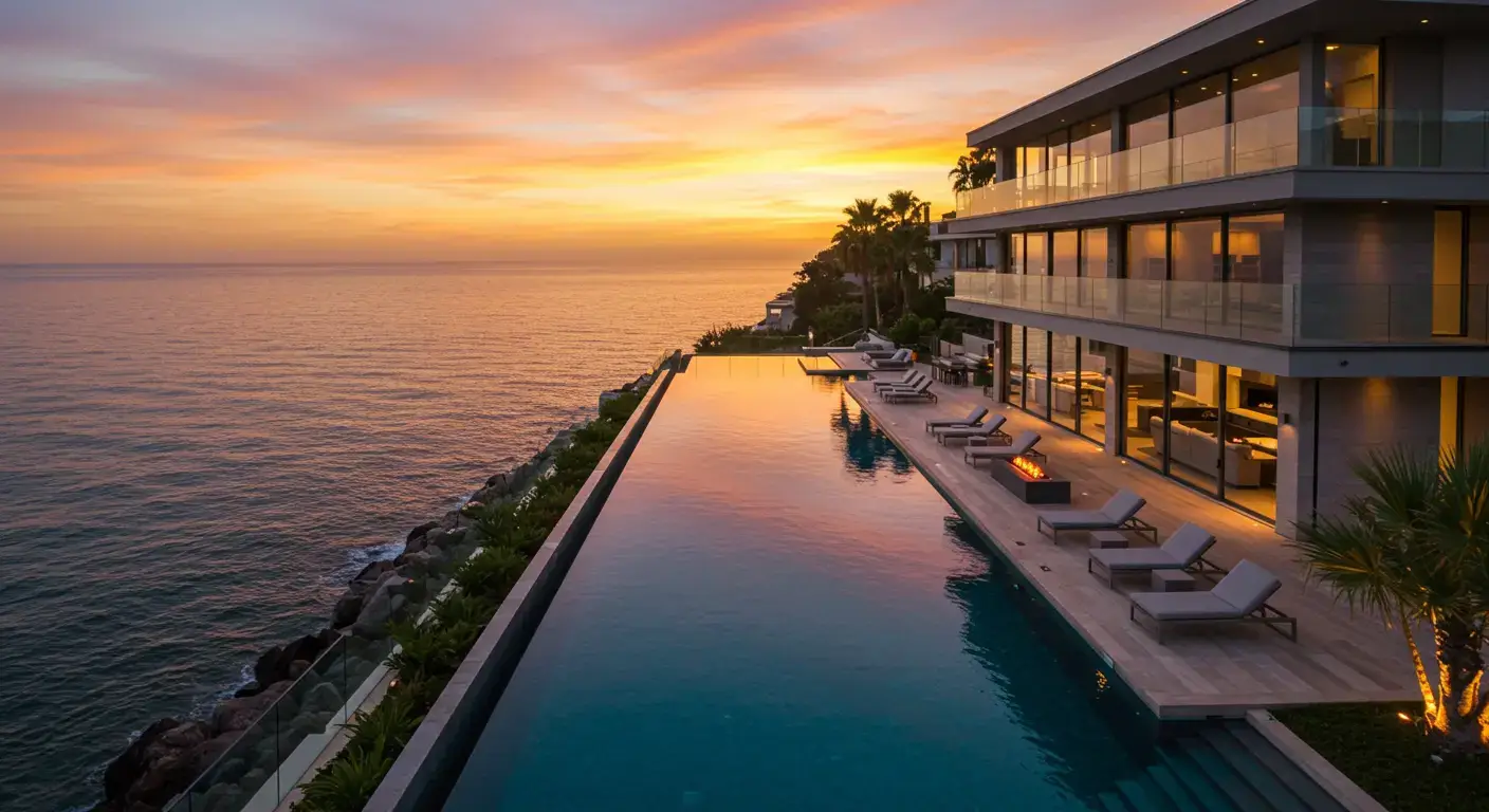 Foto de drone em cima da piscina ao por do sol.